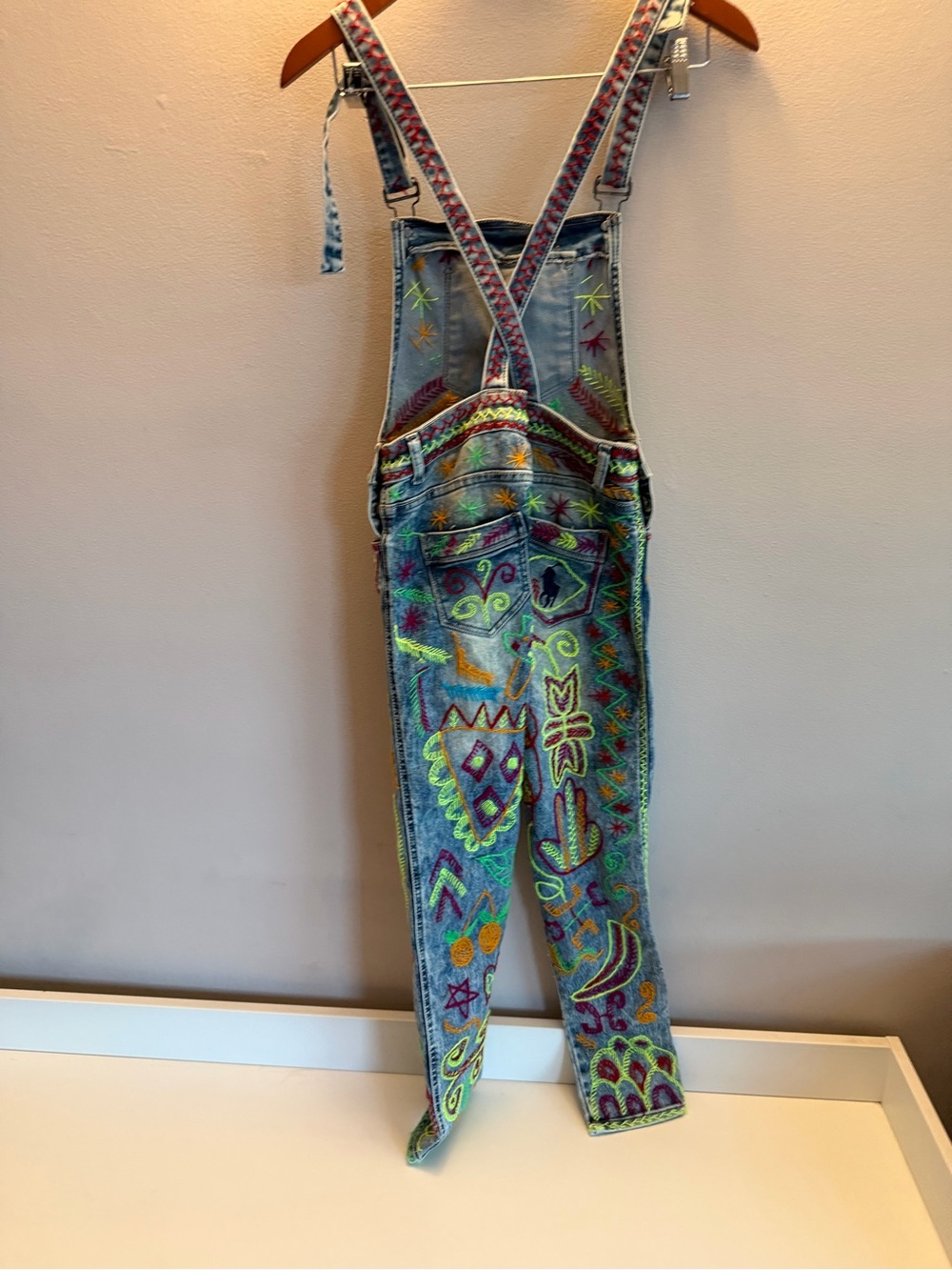 Custom Hand Embroidered Denim Overalls Light Wash Acid Jeans Neon Folk Art Style - Picture 8 of 11